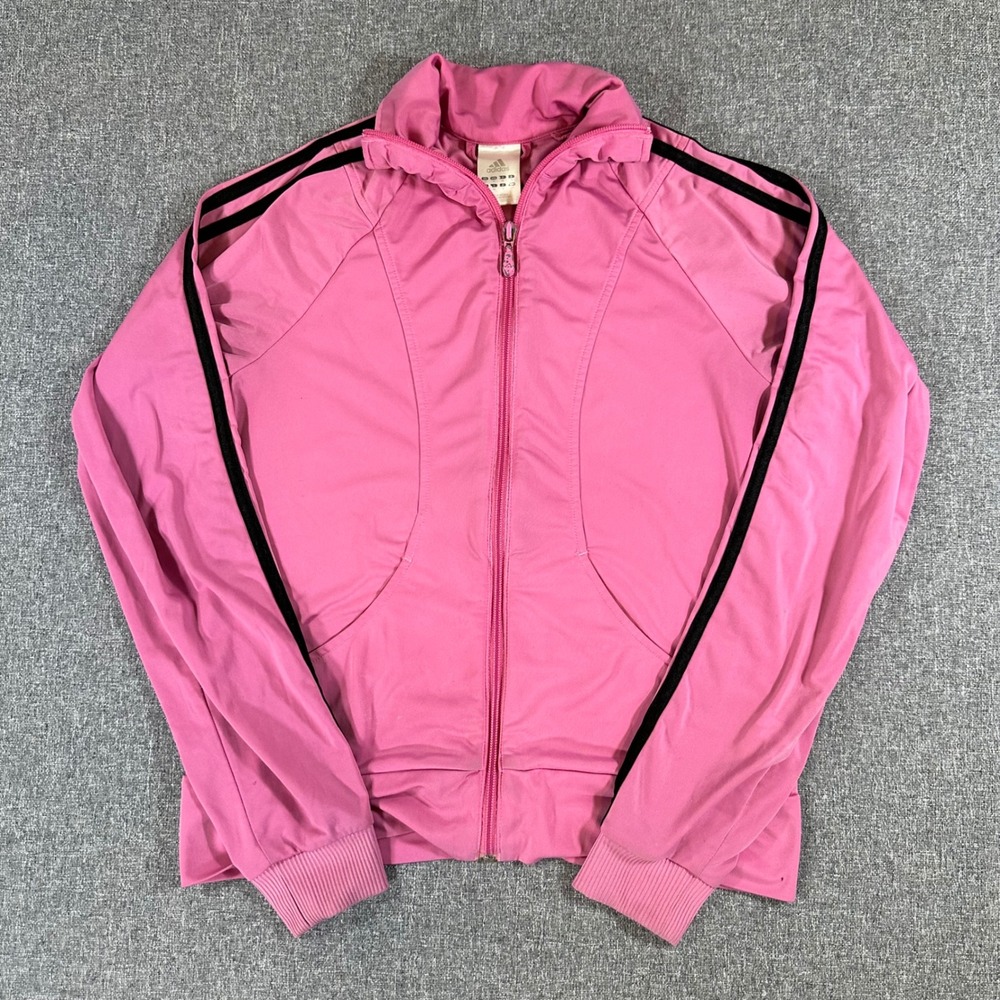 Adidas Womens Track Jacket Pink Black Stripe Y2K Zip Up Athletic Size S Small